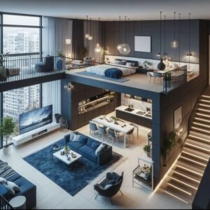 Interior modern dengan desain elegan, menampilkan ruang tamu luas dengan pencahayaan estetik dan elemen dekorasi kontemporer.