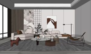 Proses pembuatan desain interior menampilkan rancangan ruang tamu modern dengan elemen dekoratif dan perabot minimalis.
