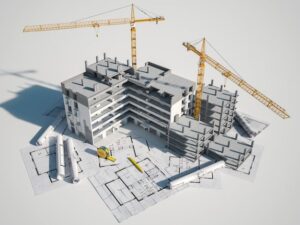 Gambar ilustrasi visualisasi 3D proyek konstruksi modern, menampilkan bangunan bertingkat dengan tampilan realistis dan detail struktur