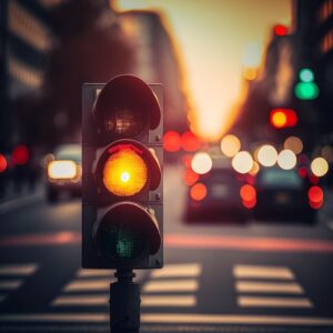 Lampu lalu lintas menyala kuning di tengah jalan kota saat senja, dengan latar belakang kendaraan