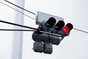 Lampu lalu lintas modern berwarna merah terpasang di tiang tinggi dengan latar langit putih, dilengkapi dengan perangkat kamera atau sensor pemantau.