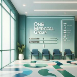 Ruang tunggu modern klinik One Medical Group dengan dinding warna teal, kursi pasien, dan papan penunjuk arah