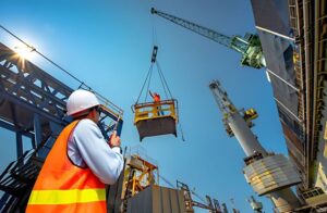 Seorang pekerja konstruksi dengan rompi oranye dan helm putih memberikan instruksi sambil mengawasi proses pengangkatan pekerja menggunakan crane di area industri berat