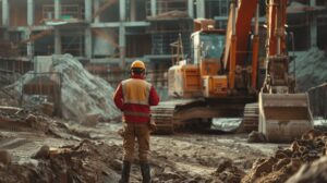 Seorang pekerja konstruksi mengenakan helm dan rompi keselamatan berdiri menghadap alat berat excavator di lokasi pembangunan gedung yang masih dalam tahap awal, dikelilingi tanah dan material konstruksi.